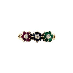 Gold ring with sapphire, emerald, ruby and diamond 14 kt