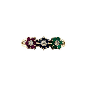 Gouden ring met saffier, smaragd, robijn en diamant 14 krt