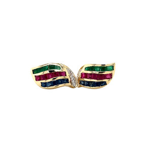 Gold stud earrings with ruby, emerald, sapphire and diamond 14 kt