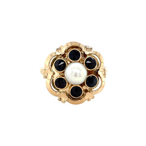 Gouden ring met parel en granaat 14 krt