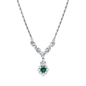 Witgouden collier met diamant en smaragd hanger 14 kt