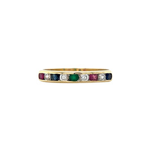Gouden ring met robijn, saffier, agaat en zirkonia 14 kt