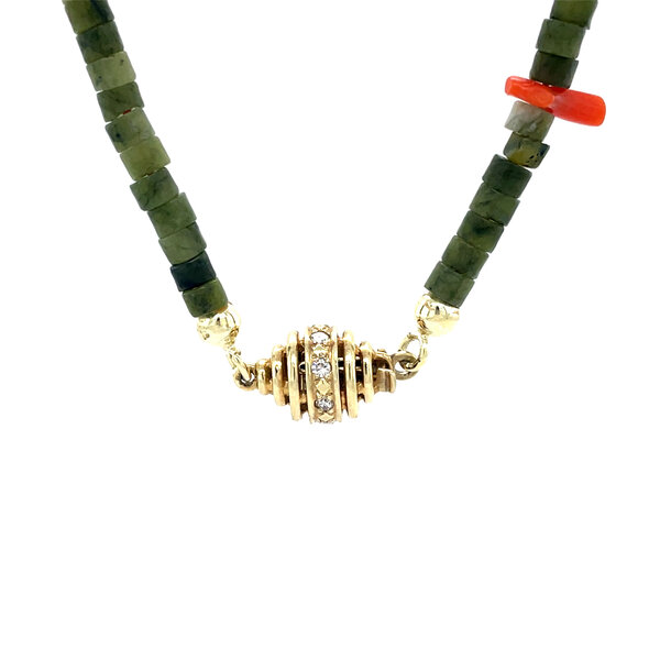 vintage Vintage jade met bloedkoraal collier met sluiting met diamant 14 kt