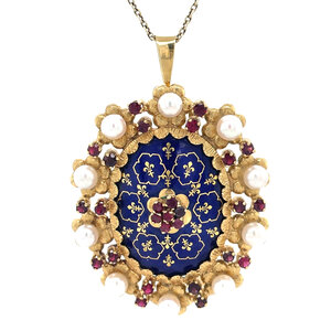 Gold pendant with enamel, colored stone and pearl 18 kt