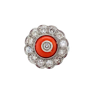 Platina ring met diamant en bloedkoraal 900