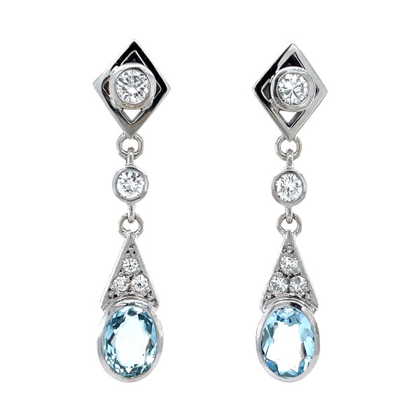vintage Witgouden vintage oorstekers met aquamarijn en diamant 14 krt
