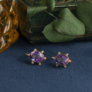 Rose-gold vintage drop earrings with amethyst and pearl 8 kt