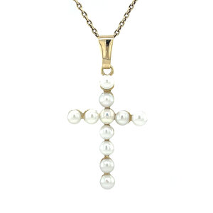 Gouden kruis hanger met parel 14 krt