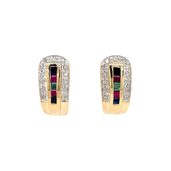 vintage Gouden vintage oorstekers met diamant, robijn, saffier en smaragd 18 krt