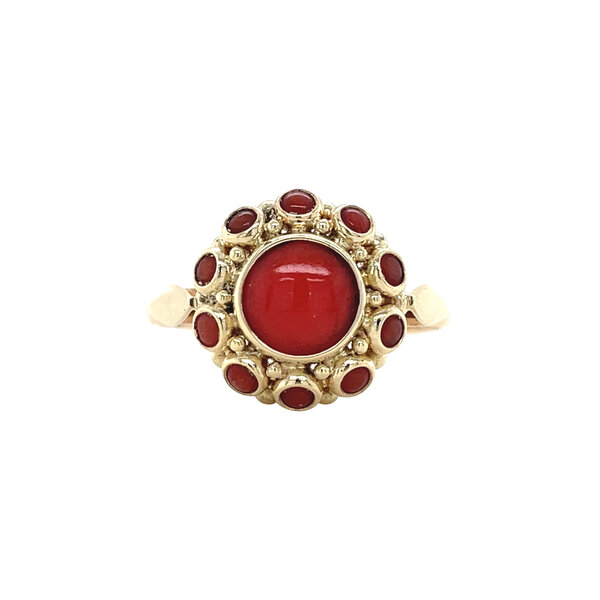 vintage Gouden vintage entourage ring met bloedkoraal 14 kt
