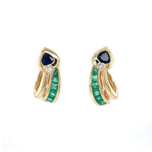 Gold stud earrings with sapphire, emerald and diamond 14 kt