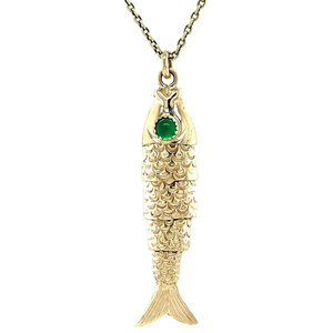 Golden fish pendant with colored stone 14 kt