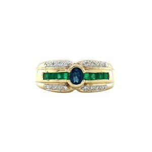Gouden ring met smaragd, saffier en diamant 14 kt