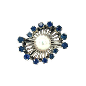 White gold ring with sapphire and pearl 14 kt
