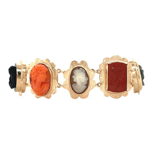 Gold bracelet with cameo, onyx, blood coral, agate and labradorite 14 kt