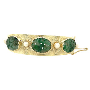 Gold bangle with jade and pearl 14 kt