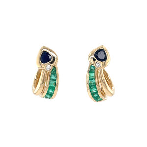 Gold stud earrings with sapphire, emerald and diamond 14 kt