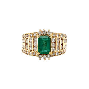 Gouden ring met smaragd en diamant 14 krt