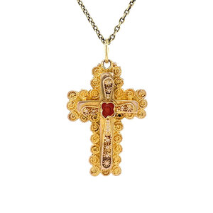 Gold cross pendant with colored stone 14 kt