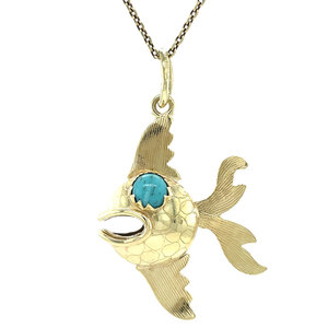 Gold fish pendant with colored stone 14 kt