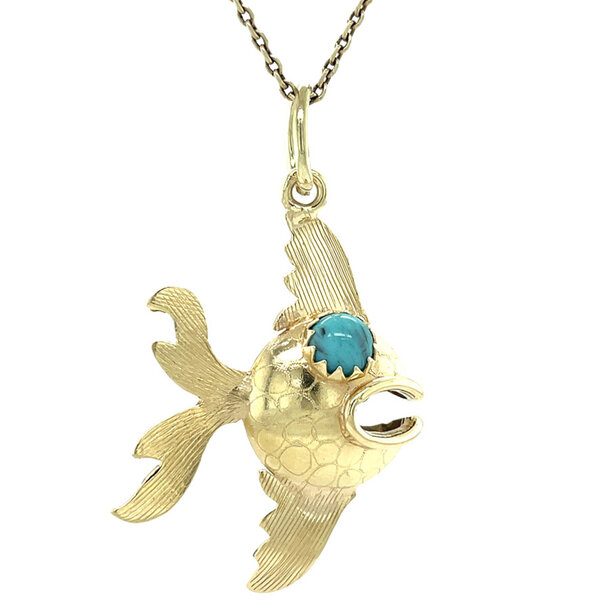 vintage Golden vintage fish pendant with colored stone 14 kt