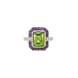 Gold ring with peridot, amethyst and diamond 14 kt