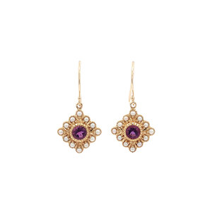 Gold earrings with amethyst and pearl 14 kt