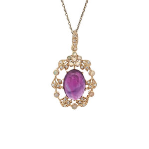 Gouden hanger met amethist, opaal en diamant 14 kt