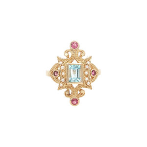 Gold ring with topaz, tourmaline and pearl 14 kt