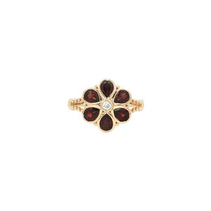 Gold ring with diamond and garnet 14 kt