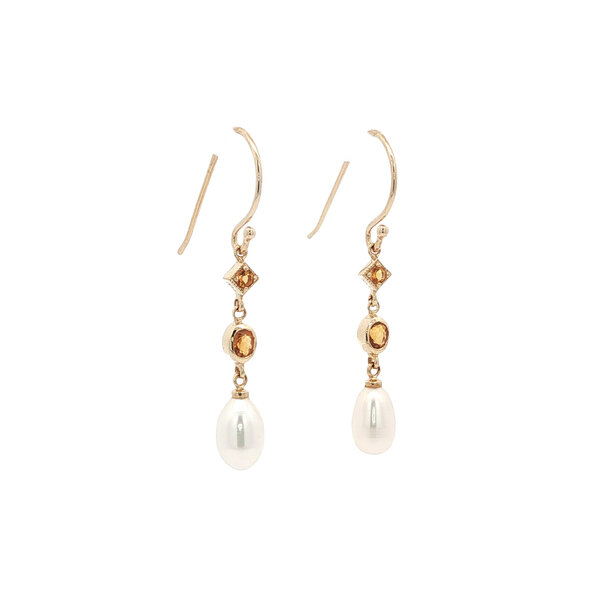 vintage Gouden oorbellen met citrien en parel 14 kt