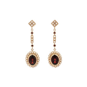 Gold earrings with garnet and pearl 14 kt