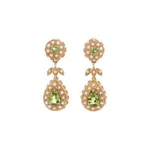 Gold earrings with peridot and pearl 14 kt