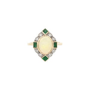 Gold ring with opal, emerald and diamond 14 kt