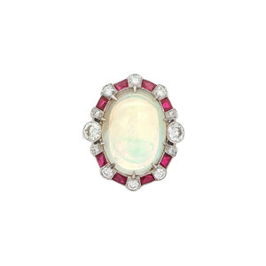 Gold ring with opal, ruby and diamond 14 kt