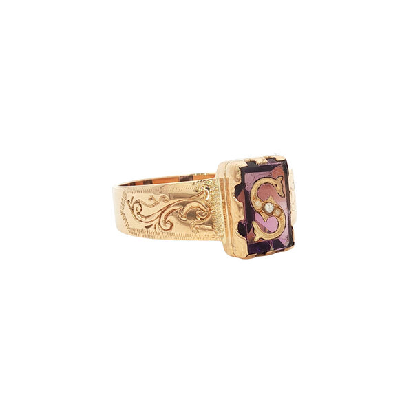 vintage Gouden vintage ring met kleursteen en parel 14 kt