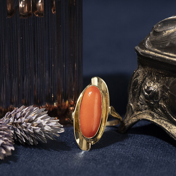 vintage Gouden vintage ring met bloedkoraal 14 kt