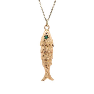 Gold fish pendant with colored stone 14 kt