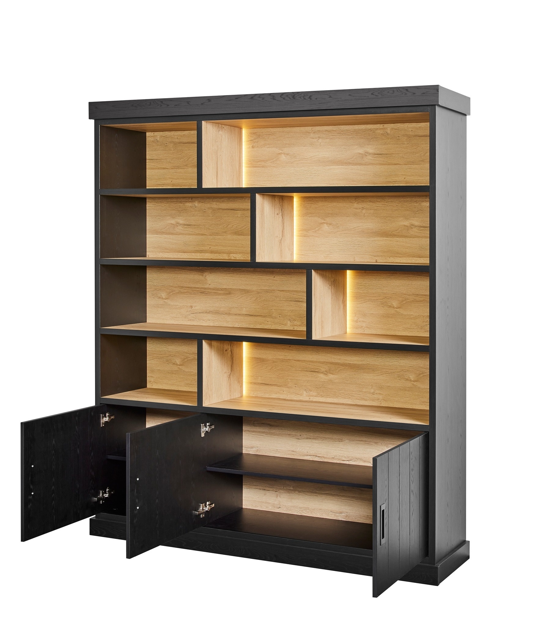 HomScape Mandir de madera divina para el hogar, gabinete de pared de templo hindú Pooja con luces LED Ganesh, Krishna, Om Decor - Muebles grandes de madera india Puja con puertas, acabado blanco