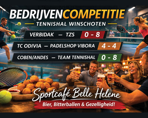 Bedrijvencompetitie Tennishal Winschoten: uitslagen, stand en gezelligheid bij Belle Helene