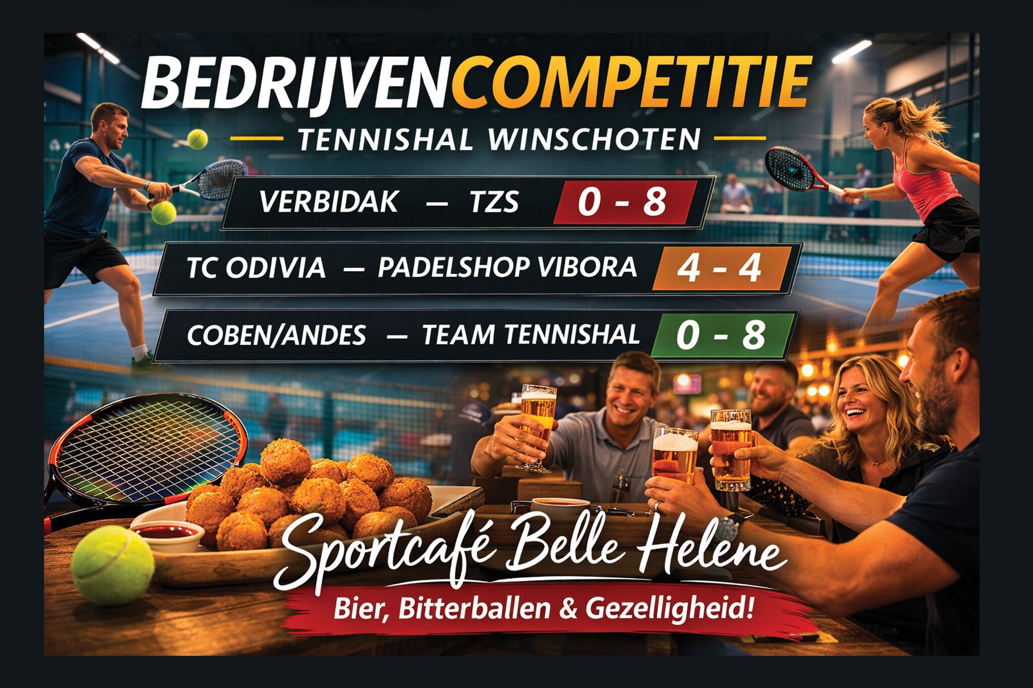 Bedrijvencompetitie Tennishal Winschoten: uitslagen, stand en gezelligheid bij Belle Helene