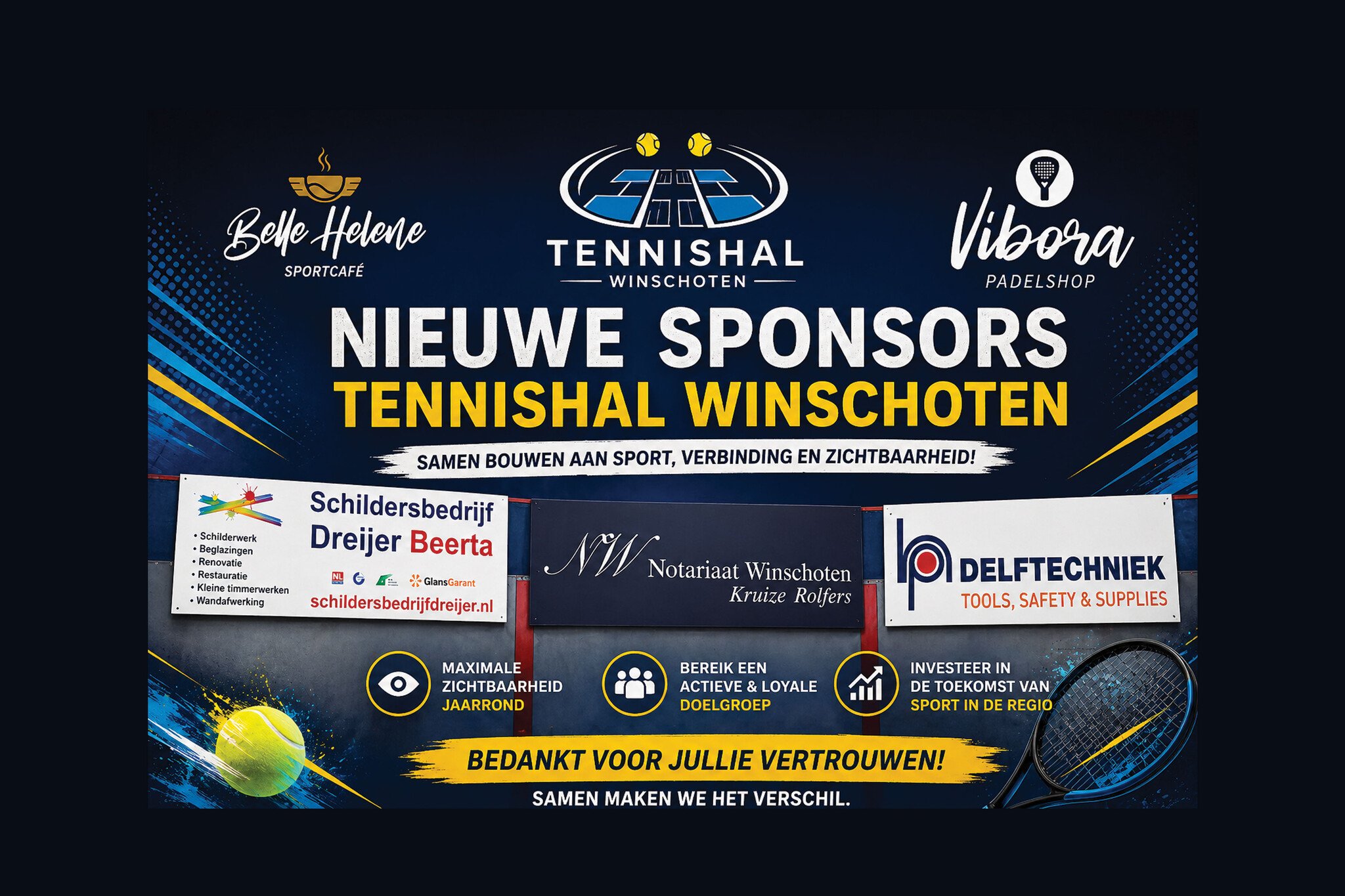 Nieuwe sponsors Tennishal Winschoten: Schildersbedrijf Dreijer, Notariaat Kruize Rolfers en Delftechniek(deel 5)