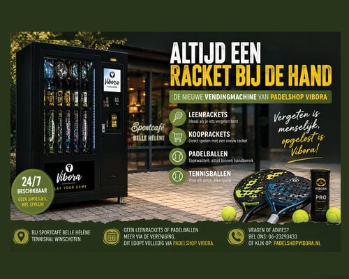 Sinds november staat de nieuwe vendingmachine van Padelshop Vibora bij Sportcafé Belle Helene.