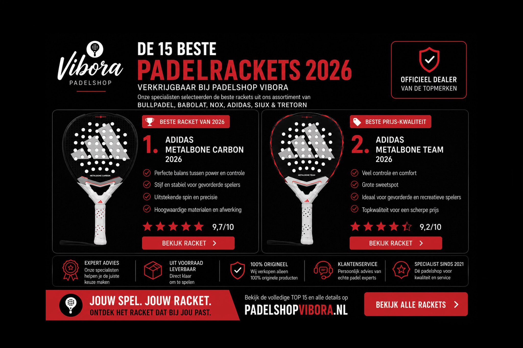 Beste padelracket 2026 | De 15 beste padelrackets verkrijgbaar bij Padelshop Vibora