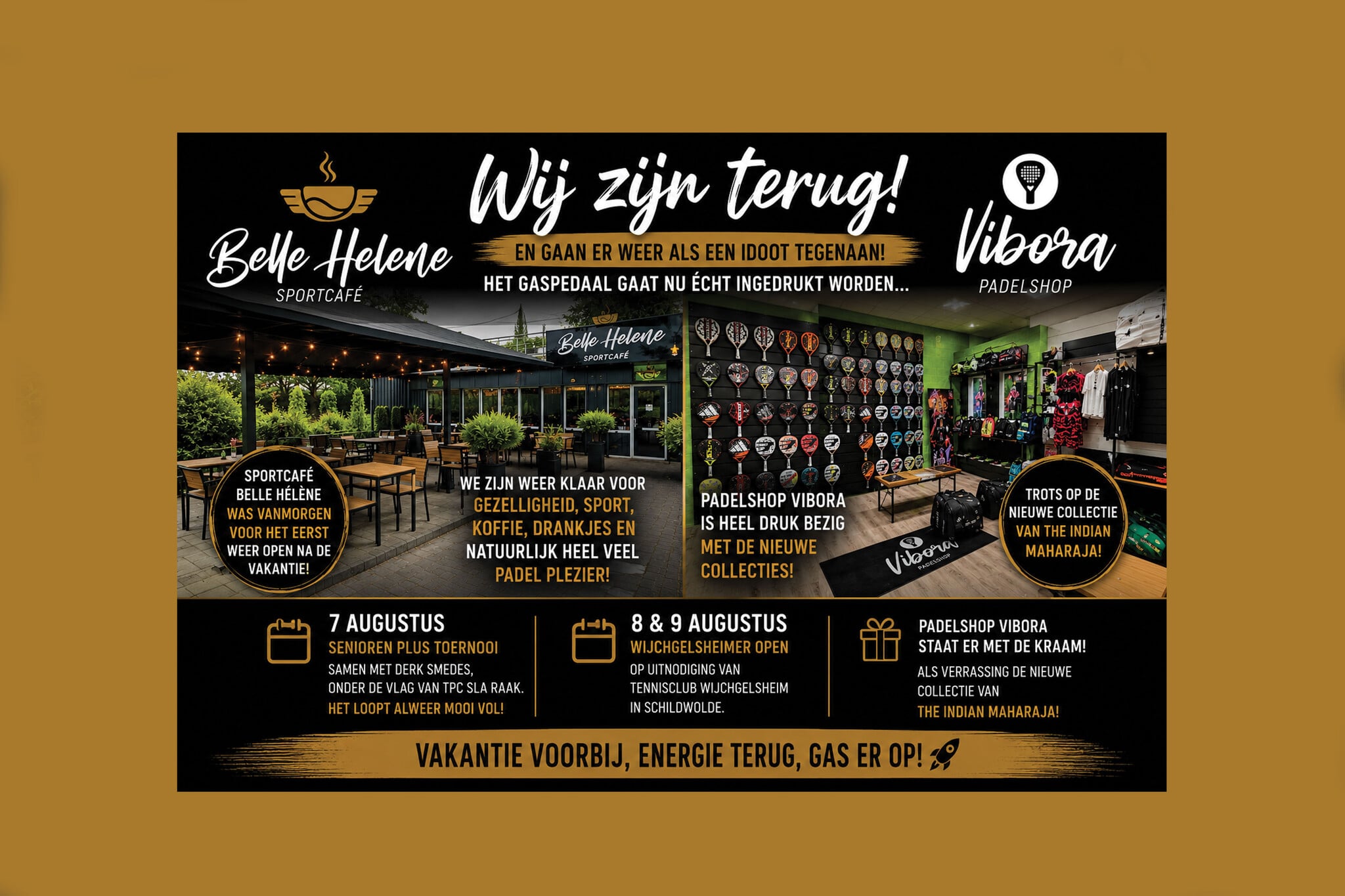 Padelshop Vibora en Sportcafé Belle Hélène zijn terug van vakantie: nieuwe collecties, toernooien en volop padelplezier