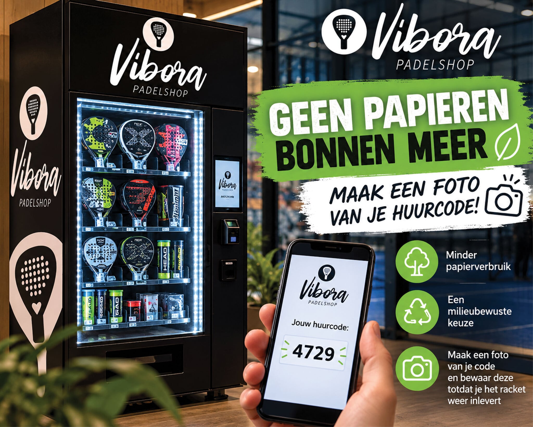 Vendingmachine Padelshop Vibora vanaf heden racket huren zonder bon