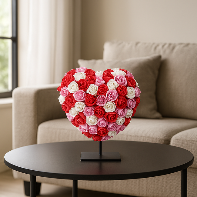 Hart DELUXE op standaard 15cm - Gemixt rood, bordeaux en wit foam - in luxe Cadeauverpakking 15 cm