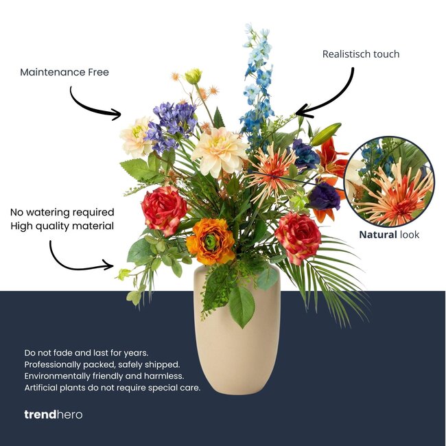 Kunstbloemen Boeket “Colorful Bloom Deluxe” – Real Touch – 70 cm – 18 Stelen