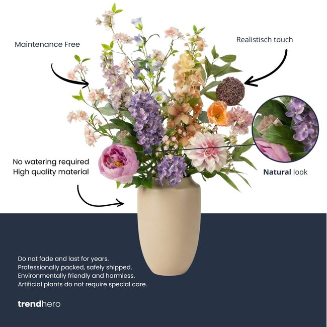 Kunstbloemen Boeket - Pastel Meadow Deluxe - Real Touch - 15 Stelen - ↑ 100 cm