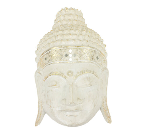CM Wanddecoratie hout masker boeddha wit l